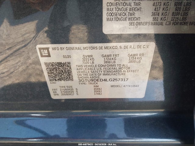 Aukcja sprzedaży 2020 Gmc Sierra 1500 4wd  Short Box Slt, vin: 3GTU9DED4LG257317, numer aukcji: 44879423