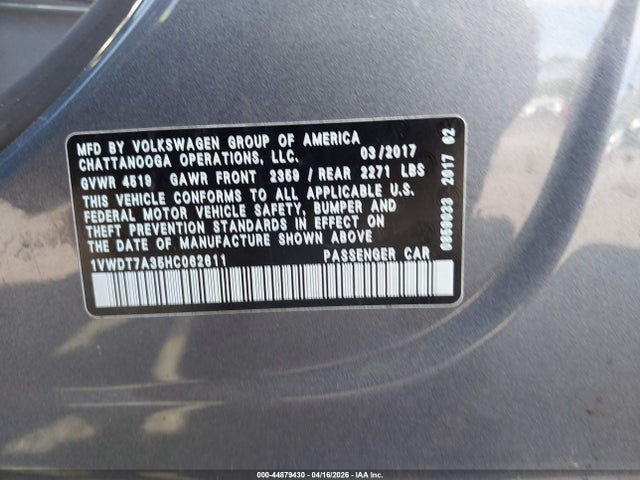 Продаж на аукціоні авто 2017 Volkswagen Passat 1.8t R-line, vin: 1VWDT7A35HC062611, номер лоту: 44879430