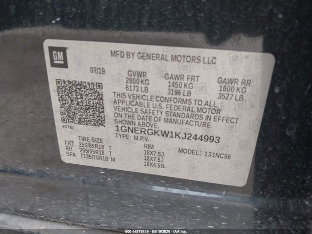44879449 :رقم المزاد ، 1GNERGKW1KJ244993 vin ، 2019 Chevrolet Traverse 1lt مزاد بيع