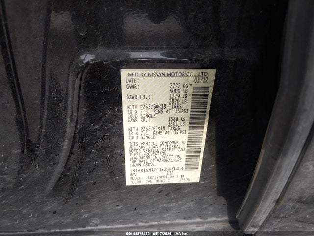 Продаж на аукціоні авто 2012 Nissan Pathfinder Le, vin: 5N1AR1NN1CC624943, номер лоту: 44879470