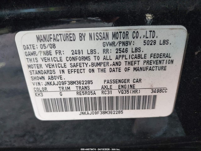 Продаж на аукціоні авто 2008 Infiniti Ex35 Journey, vin: JNKAJ09F38M362285, номер лоту: 44879474