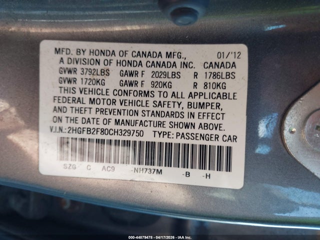44879478 :رقم المزاد ، 2HGFB2F80CH329750 vin ، 2012 Honda Civic Ex مزاد بيع