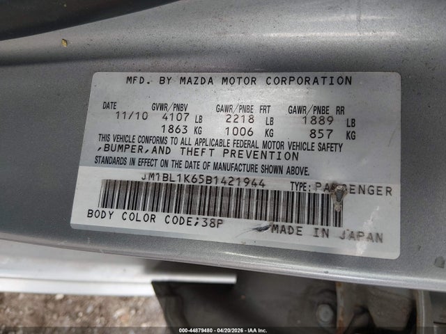 Aukcja sprzedaży 2011 Mazda Mazda3 S Sport, vin: JM1BL1K65B1421944, numer aukcji: 44879480