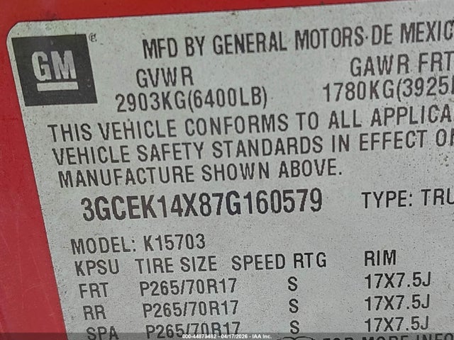 44879482 :رقم المزاد ، 3GCEK14X87G160579 vin ، 2007 Chevrolet Silverado 1500 Classic Work Truck مزاد بيع