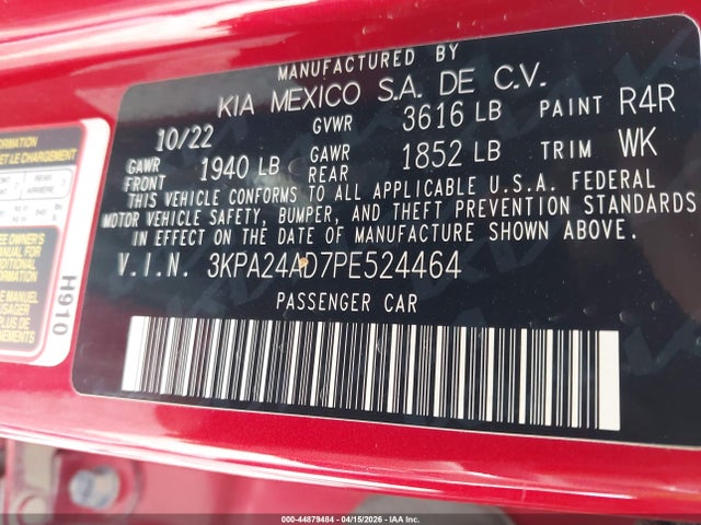 Продажа на аукционе авто 2023 Kia Rio S, vin: 3KPA24AD7PE524464, номер лота: 44879484