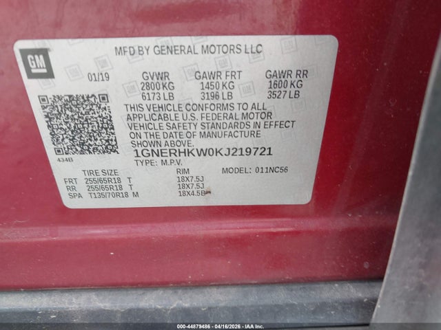 Aukcja sprzedaży 2019 Chevrolet Traverse 3lt, vin: 1GNERHKW0KJ219721, numer aukcji: 44879486
