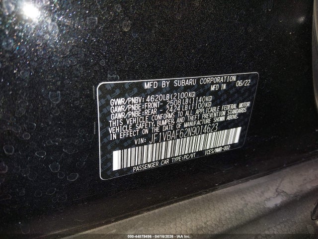 Aukcja sprzedaży 2022 Subaru Wrx Premium, vin: JF1VBAF62N9014623, numer aukcji: 44879496