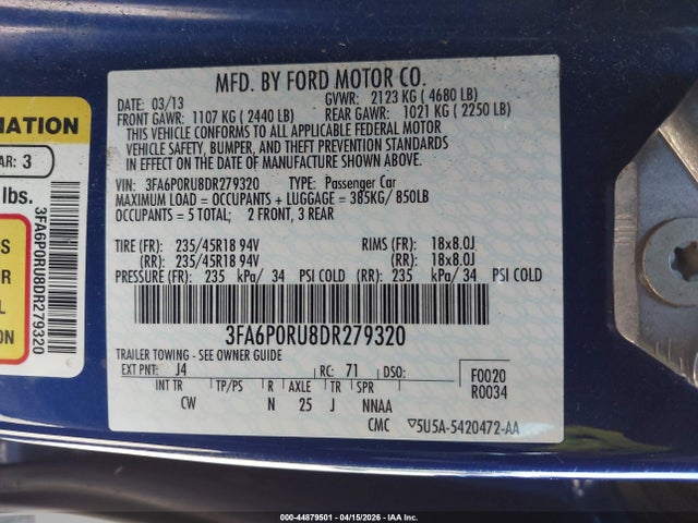 44879501 :رقم المزاد ، 3FA6P0RU8DR279320 vin ، 2013 Ford Fusion Hybrid Titanium مزاد بيع