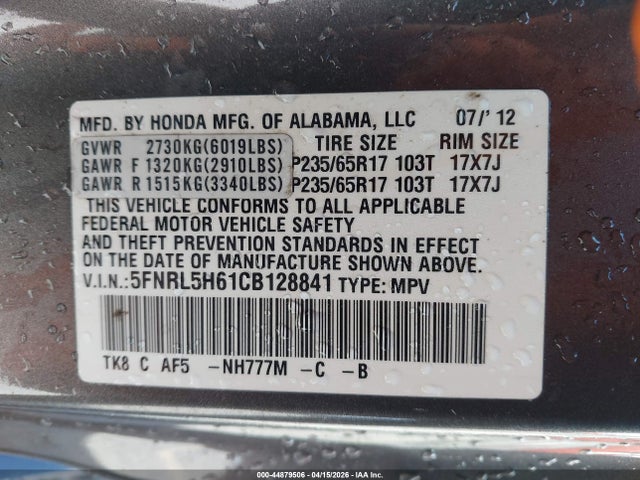 Aukcja sprzedaży 2012 Honda Odyssey Ex-l, vin: 5FNRL5H61CB128841, numer aukcji: 44879506