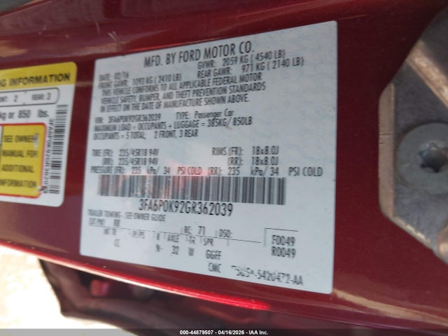Продажа на аукционе авто 2016 Ford Fusion Titanium, vin: 3FA6P0K92GR362039, номер лота: 44879507