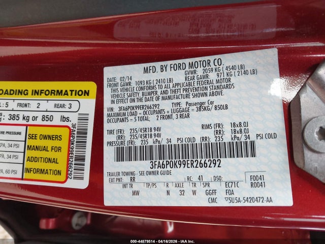 44879514 :رقم المزاد ، 3FA6P0K99ER266292 vin ، 2014 Ford Fusion Titanium مزاد بيع