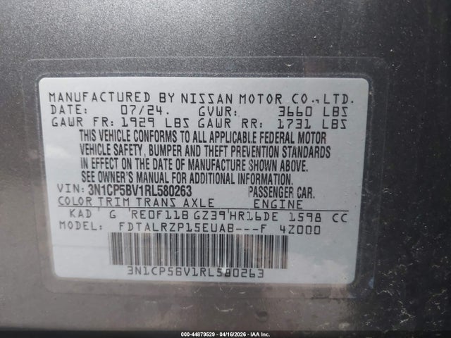 Продаж на аукціоні авто 2024 Nissan Kicks S Xtronic Cvt, vin: 3N1CP5BV1RL580263, номер лоту: 44879529