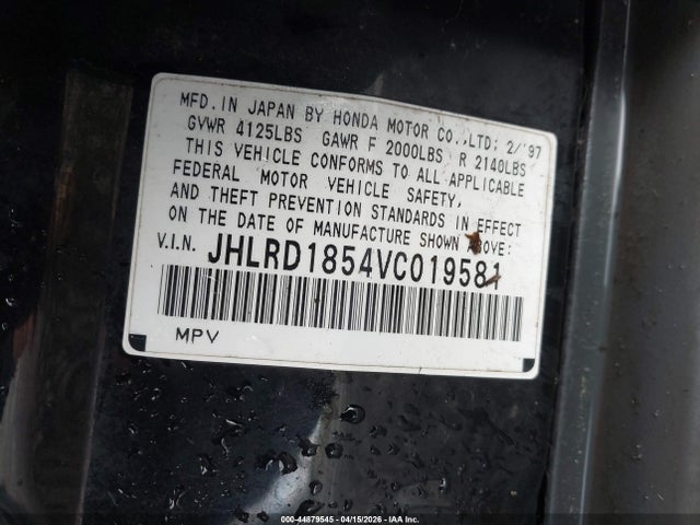 1997 Honda Cr-v მანქანა იყიდება აუქციონზე, vin: JHLRD1854VC019581, აუქციონის ნომერი: 44879545