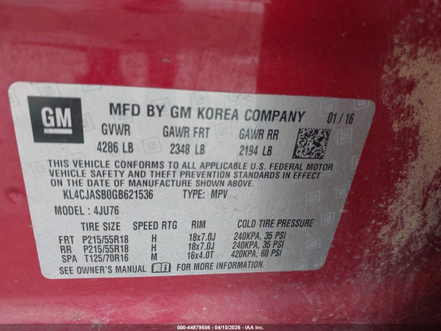 Aukcja sprzedaży 2016 Buick Encore, vin: KL4CJASB0GB621536, numer aukcji: 44879556