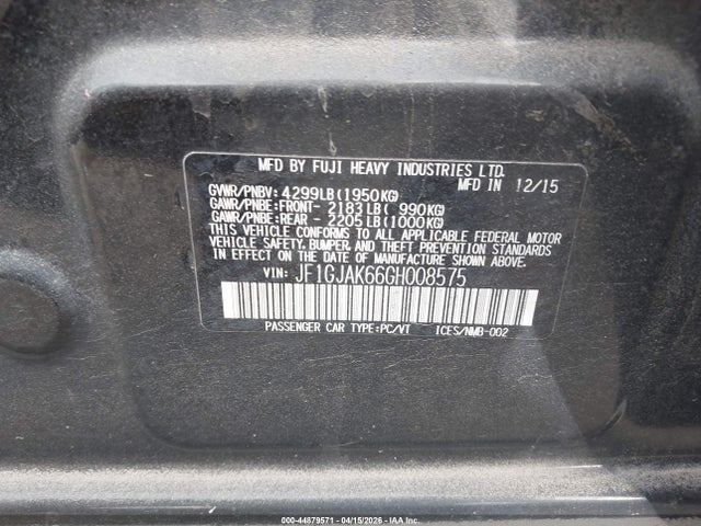 Aukcja sprzedaży 2016 Subaru Impreza 2.0i Limited, vin: JF1GJAK66GH008575, numer aukcji: 44879571
