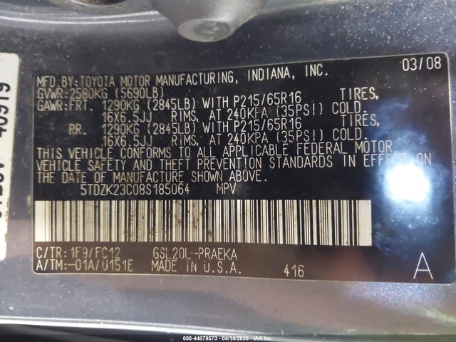 2008 TOYOTA SIENNA 5TDZK23C08S185064 Photo 8
