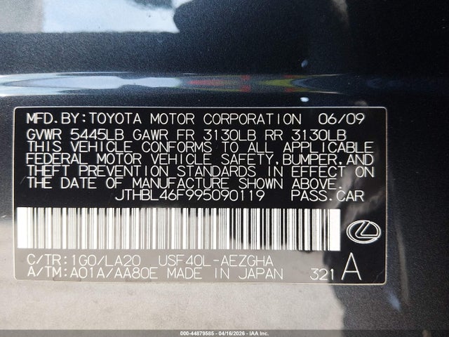 Aukcja sprzedaży 2009 Lexus Ls 460, vin: JTHBL46F995090119, numer aukcji: 44879585