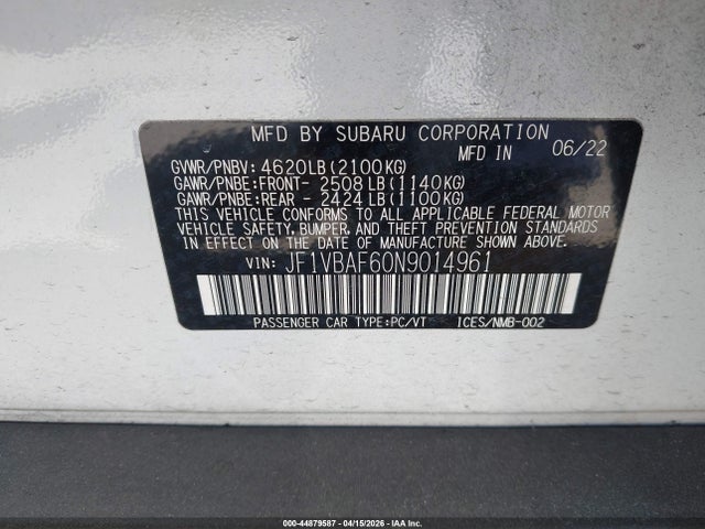 2022 Subaru Wrx Premium მანქანა იყიდება აუქციონზე, vin: JF1VBAF60N9014961, აუქციონის ნომერი: 44879587