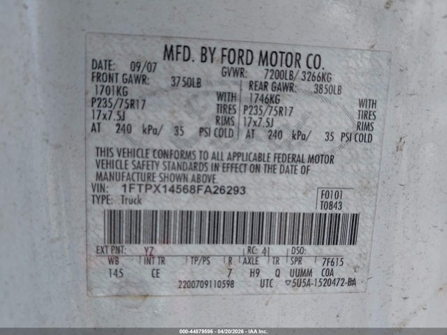 2008 Ford F-150 Fx4/lariat/xl/xlt მანქანა იყიდება აუქციონზე, vin: 1FTPX14568FA26293, აუქციონის ნომერი: 44879596