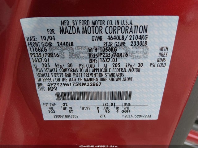 Продаж на аукціоні авто 2005 Mazda Tribute S, vin: 4F2YZ96175KM32867, номер лоту: 44879598