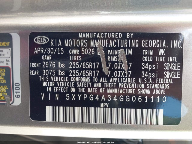 Продажа на аукционе авто 2016 Kia Sorento 2.4l L, vin: 5XYPG4A34GG061110, номер лота: 44879602