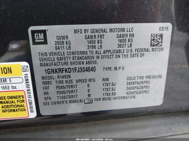 Chevrolet Traverse Ls 2015 1GNKRFKD1FJ304840 Image 9