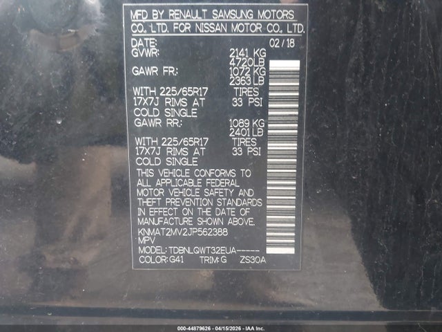 2018 Nissan Rogue Sv მანქანა იყიდება აუქციონზე, vin: KNMAT2MV2JP562388, აუქციონის ნომერი: 44879626