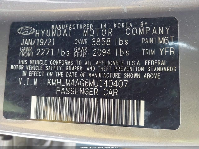 Aukcja sprzedaży 2021 Hyundai Elantra Sel, vin: KMHLM4AG6MU140407, numer aukcji: 44879630