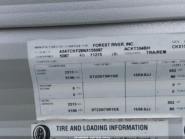 2022 Forest River Cherokee მანქანა იყიდება აუქციონზე, vin: 4X4TCKF28NX155087, აუქციონის ნომერი: 44879639