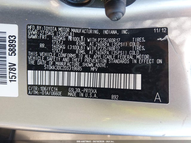 Продажа на аукционе авто 2013 Toyota Sienna Le V6 7 Passenger Auto Access Seat/le V6 8 Passenger, vin: 5TDKK3DC2DS319685, номер лота: 44879643