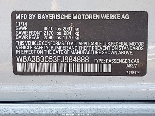 Auction sale of the 2015 Bmw 328i Xdrive, vin: WBA3B3C53FJ984888, lot number: 44879647