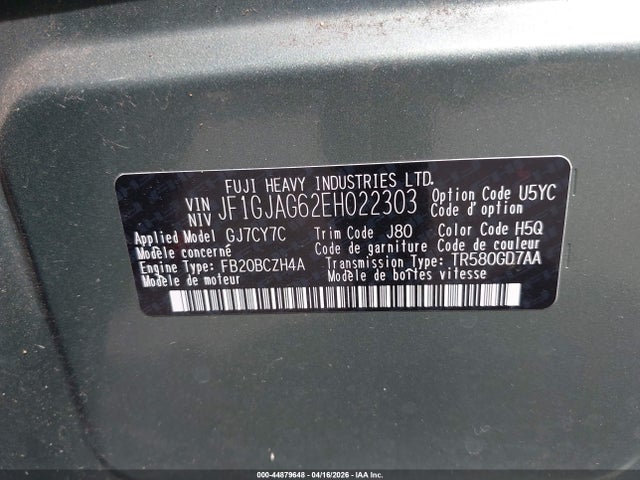 2014 Subaru Impreza 2.0i Limited მანქანა იყიდება აუქციონზე, vin: JF1GJAG62EH022303, აუქციონის ნომერი: 44879648