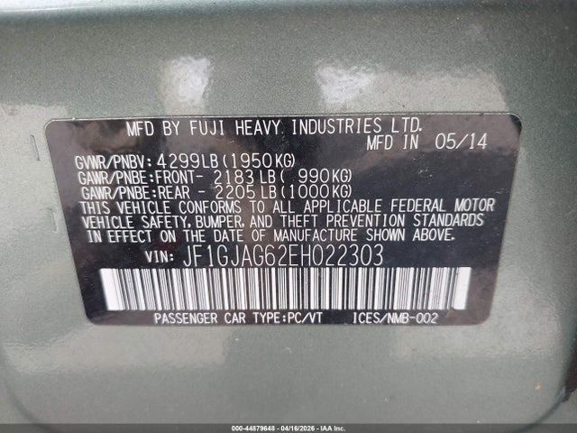 2014 Subaru Impreza 2.0i Limited მანქანა იყიდება აუქციონზე, vin: JF1GJAG62EH022303, აუქციონის ნომერი: 44879648
