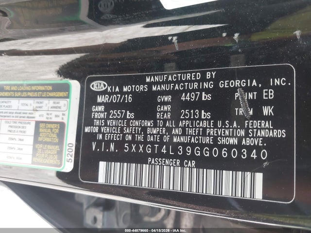 Aukcja sprzedaży 2016 Kia Optima Lx, vin: 5XXGT4L39GG060340, numer aukcji: 44879660