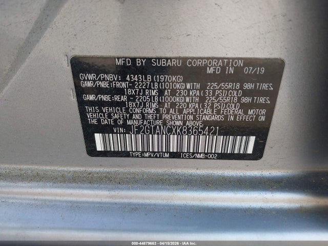 2019 Subaru Crosstrek 2.0i Limited მანქანა იყიდება აუქციონზე, vin: JF2GTANCXK8365421, აუქციონის ნომერი: 44879663