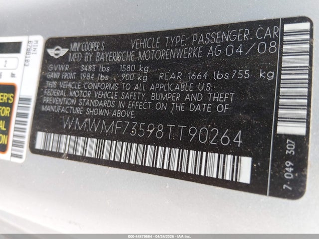 Aukcja sprzedaży 2008 Mini Cooper S, vin: WMWMF73598TT90264, numer aukcji: 44879664