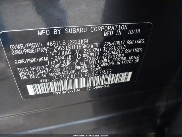 Продаж на аукціоні авто 2019 Subaru Forester, vin: JF2SKACC0KH443883, номер лоту: 44879679