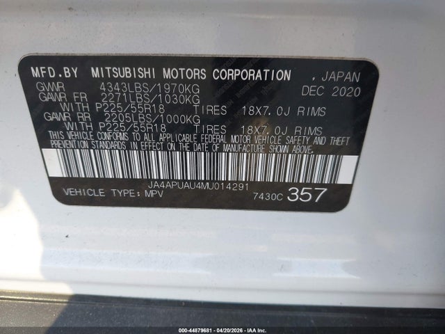 2021 Mitsubishi Outlander Sport 2.0 Be 2wd/2.0 Es 2wd/2.0 Le 2wd/2.0 S 2wd მანქანა იყიდება აუქციონზე, vin: JA4APUAU4MU014291, აუქციონის ნომერი: 44879681