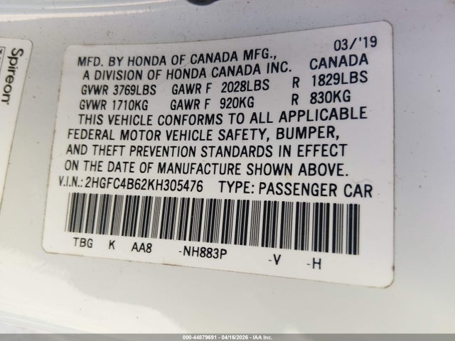 2019 Honda Civic Lx მანქანა იყიდება აუქციონზე, vin: 2HGFC4B62KH305476, აუქციონის ნომერი: 44879691