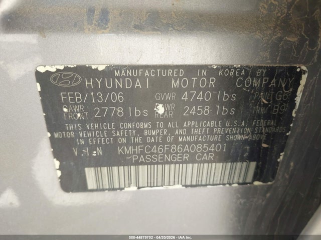 2006 Hyundai Azera Limited/se მანქანა იყიდება აუქციონზე, vin: KMHFC46F86A085401, აუქციონის ნომერი: 44879702