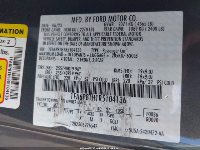 2024 Ford Mustang Ecoboost Premium Fastback მანქანა იყიდება აუქციონზე, vin: 1FA6P8TH1R5104136, აუქციონის ნომერი: 44879715