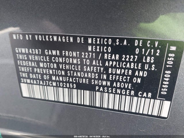 Aukcja sprzedaży 2012 Volkswagen Jetta Gli, vin: 3VW4A7AJ7CM102859, numer aukcji: 44879738