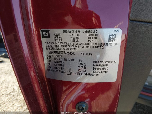 Aukcja sprzedaży 2011 Gmc Acadia Slt-1, vin: 1GKKRRED0BJ254646, numer aukcji: 44879737