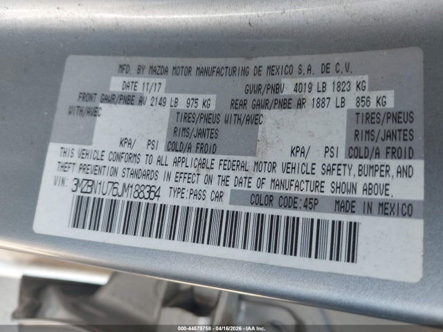 44879758 :رقم المزاد ، 3MZBN1U76JM188364 vin ، 2018 Mazda Mazda3 Sport مزاد بيع