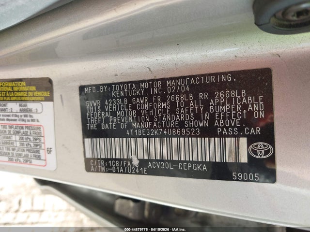 44879775 :رقم المزاد ، 4T1BE32K74U869523 vin ، 2004 Toyota Camry Le/xle/se مزاد بيع