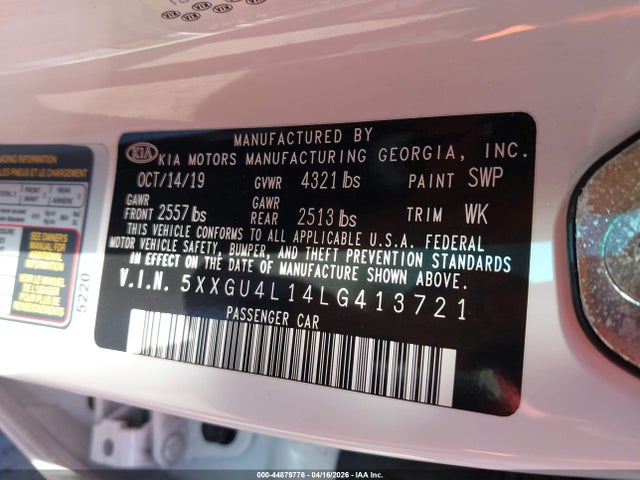 44879776 :رقم المزاد ، 5XXGU4L14LG413721 vin ، 2020 Kia Optima Ex Premium مزاد بيع