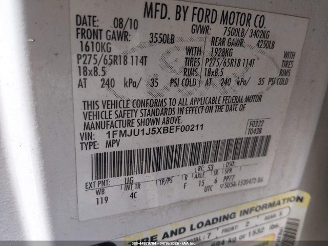 2011 Ford Expedition Xlt მანქანა იყიდება აუქციონზე, vin: 1FMJU1J5XBEF00211, აუქციონის ნომერი: 44879784