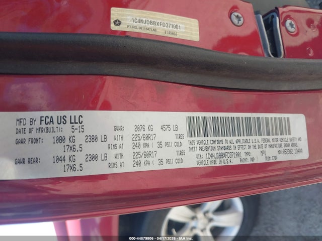 2015 Jeep Compass Sport მანქანა იყიდება აუქციონზე, vin: 1C4NJDBBXFD371001, აუქციონის ნომერი: 44879806