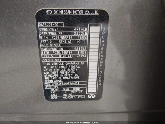 Aukcja sprzedaży 2021 Infiniti Qx50 Luxe, vin: 3PCAJ5BAXMF104054, numer aukcji: 44879809