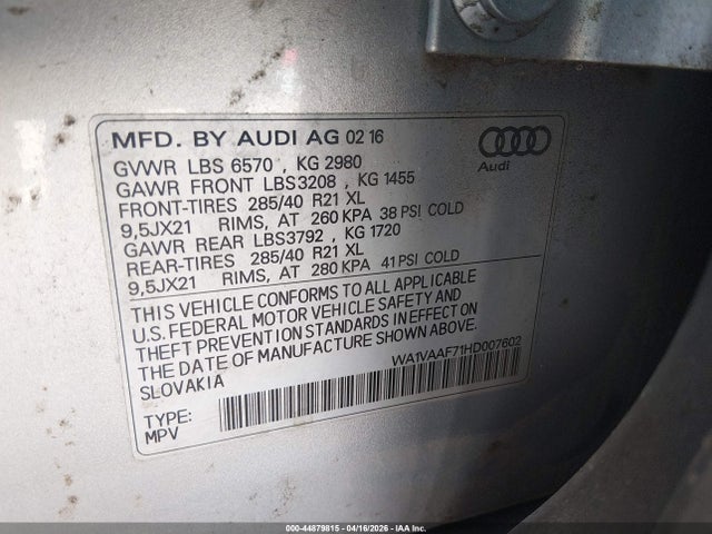 44879815 :رقم المزاد ، WA1VAAF71HD007602 vin ، 2017 Audi Q7 3.0t Premium مزاد بيع